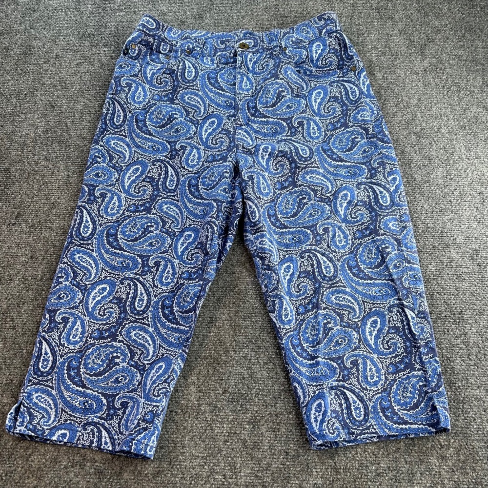 Lauren Ralph Lauren Cropped Pants Women 8 Blue Paisley Stretch Capri Casual
